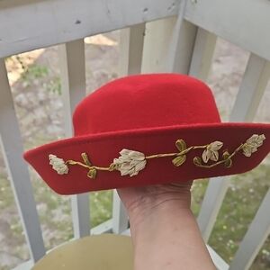Vintage Red Wool Floral Embroidered Women's Hat